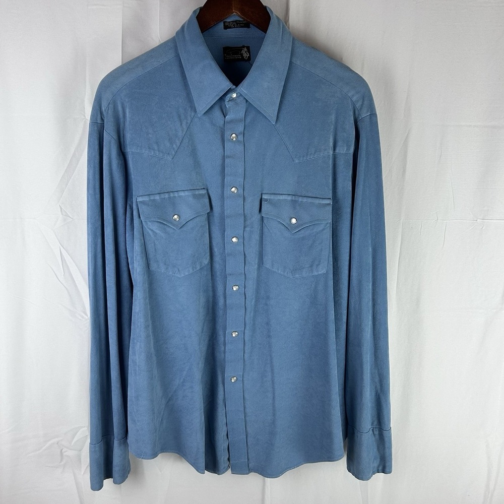 VTG Ponderosa Mens Pearl‎ Snap Shirt Blue Faux Suede Look Size XL 17/17.5